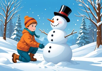 Child Building Snowman in Winter Wonderland