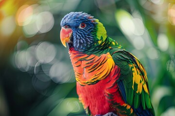 Naklejka premium Close-up of a Rainbow Lorikeet, vibrant colors on display perched among lush green leaves. Generative AI