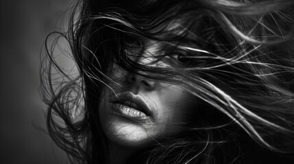 Tousled locks twisted by the relentless gusts. Black and white art