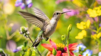 A hummingbird hovering near vibrant wildflowers on a sunny day, its wings a blur in the bright, colorful setting