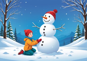 Child Building Snowman in Winter Wonderland