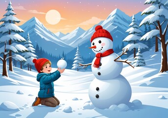 Fototapeta premium Child Building Snowman in Winter Wonderland