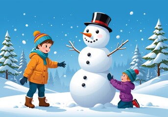 Child Building Snowman in Winter Wonderland