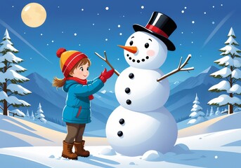Child Building Snowman in Winter Wonderland