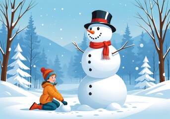 Obraz premium Child Building Snowman in Winter Wonderland