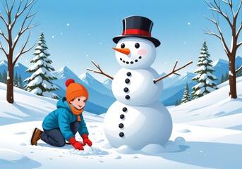 Child Building Snowman in Winter Wonderland