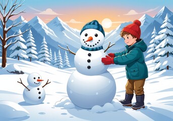 Child Building Snowman in Winter Wonderland