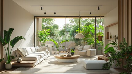 Fototapeta premium modern living room with plants, Light living room with green houseplants and furniture