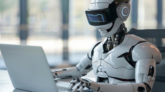 A lifelike robot wearing virtual reality glasses and using a laptop.