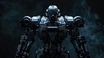  3d illustration of night action scene of sci-fi mech soldier standing with two assault guns on dark background.