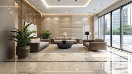 Fototapeta premium modern lobby interior design, Contemporary Reception Counter Design. Stylish and Functional Lobby Area with Modern Interior