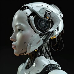 3D rendering head portrait of a robot woman in profile side view. Robot or cyborg woman on dark background