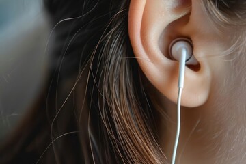 Closeup of earbuds being placed in an ear, with room for text