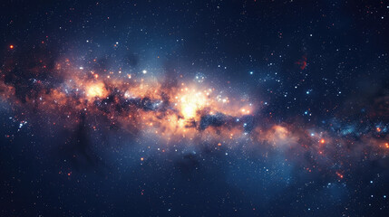 The image displays a dense galaxy or star cluster with vibrant patches of light and dark areas, giving an impression of vastness and the beauty of the cosmos.