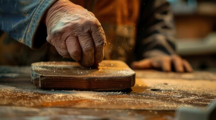 Detailed view of a carpenter s hand sanding wood, with ample copy space
