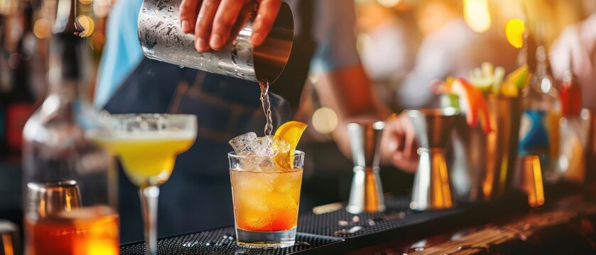 Detailed view of a bartenders hand pouring a cocktail, with ample copy space