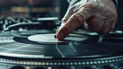 Detailed view of a DJ s hand scratching a record, with copy space