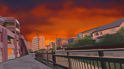 夕焼けに染まる町