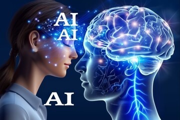 Obraz premium Side profile with glowing AI brain, artificial intelligence, digital transformation, futuristic neural technology, AI innovation
