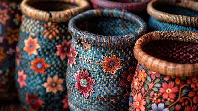 A close-up photo of a traditional Sasak handicraft, such as a woven basket or a hand-painted batik, showcasing the exquisite craftsmanship and artistry of the local people.