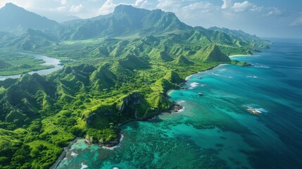 A photorealistic aerial view of the lush green hills and emerald waters of Lombok Island, Indonesia.