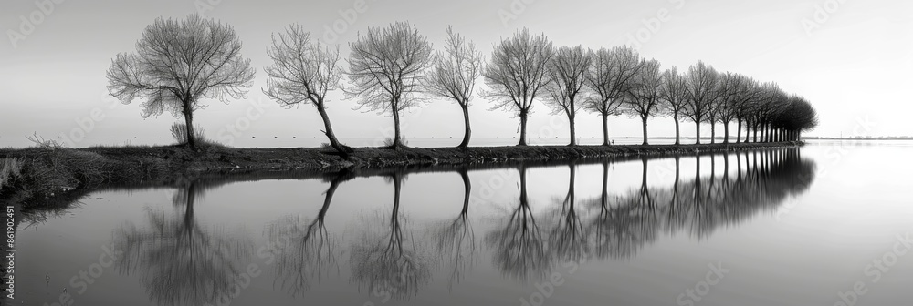 Poster the distorted reflection of a row of trees along the shoreline their perfect symmetry exaggerated by