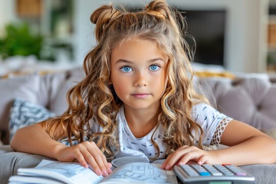 Young Girl With Blonde Hair and Blue Eyes Studying With a Book and Calculator