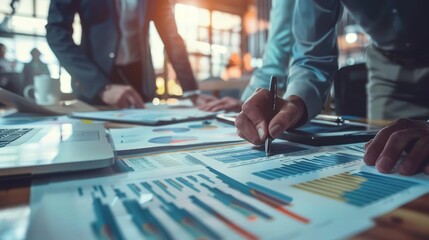 Random team working on a business solution stock photo, charts, graphs, data 