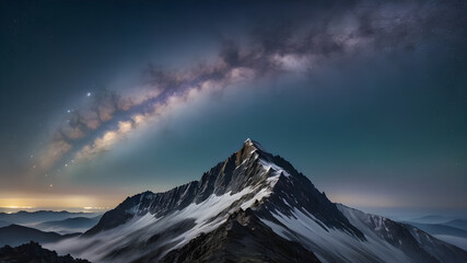 Obraz premium A starry night sky over a mountain peak, with the Milky Way visible in the background and a layer of fog below, Generative AI