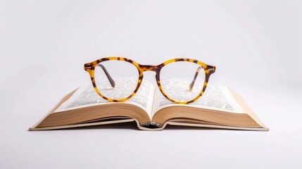 Designer glasses on an open coffee table book on white background