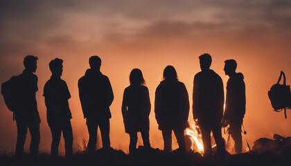 Fototapeta premium A group of friends camping around a crackling bonfire, with the sunset in view 