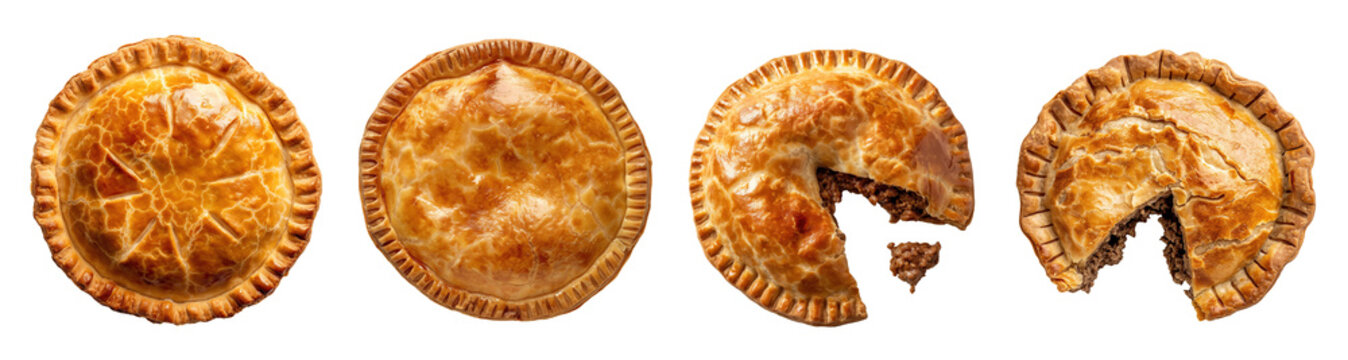 A set of meat pies viewed from above, isolated on a transparent background