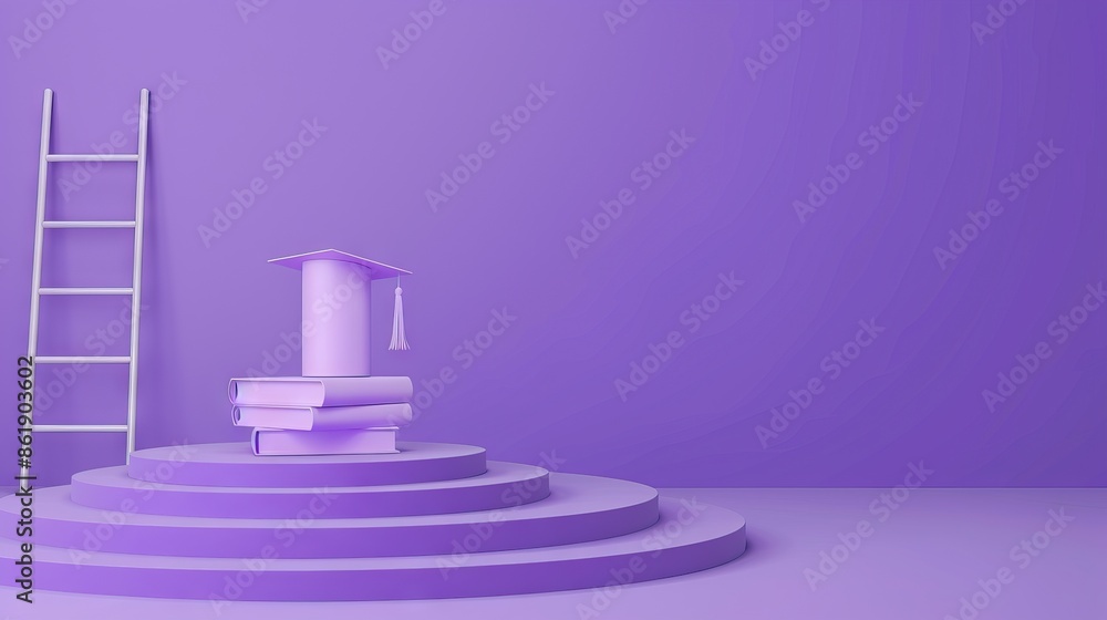 Wall mural 3D rendering of a podium with a graduation hat, ladder and books on a purple background. AI generated illustration - Wall murals