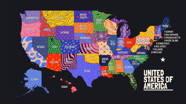 Map of the United States of America, with borders and state names, Poster of USA geographic and political map with bizarre motley pattern, Detailed vector illustration
