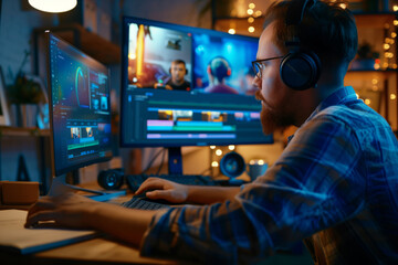 Artistic Editor Working on Video Design at Night