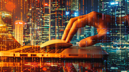  Hand navigating a mouse on a laptop against a cityscape filled with digital data streams, highlighting the seamless fusion of technology and urban life in the digital era.