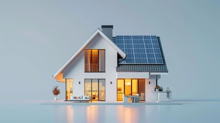 A modern house with a solar panel on the roof, shown in a 3D illustration.