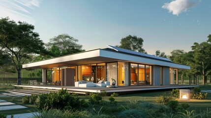 Fototapeta premium A modern house with a solar panel on the roof, shown in a 3D illustration.