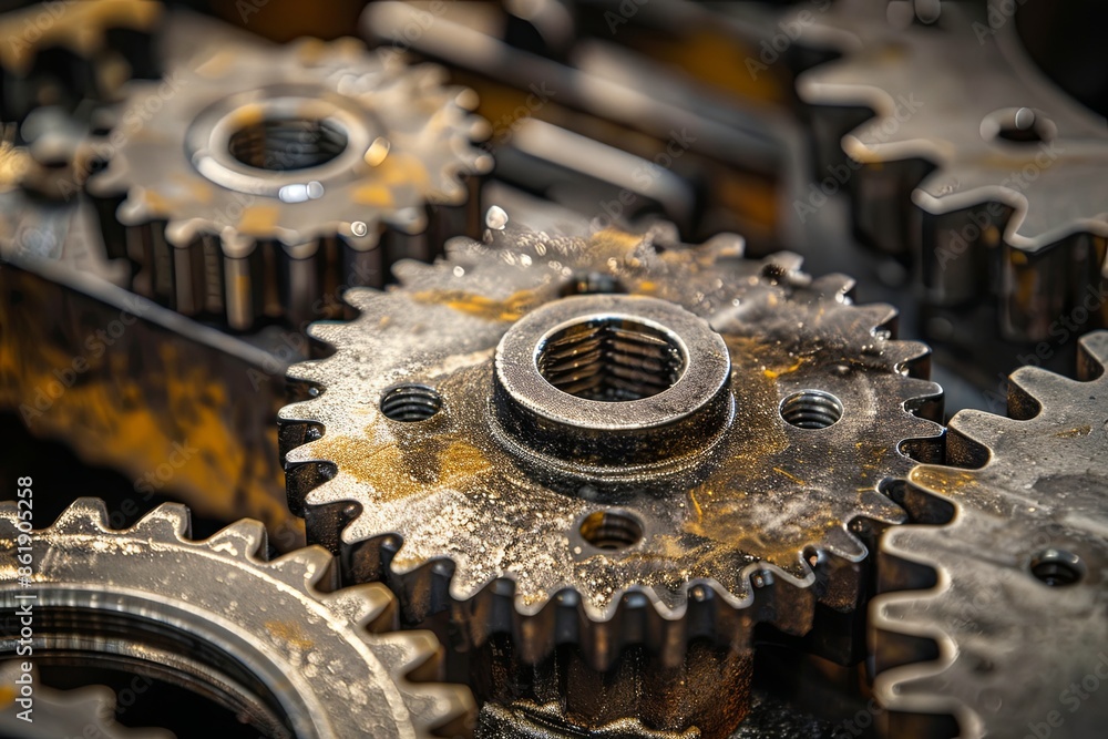 Poster a close-up image of several interlocking metal gears in a machine, showing the intricate design of t