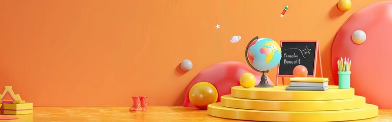 3D Rendering back to school interior study room for children cute icon cartoon style. 3D Render illustration. AI generated illustration