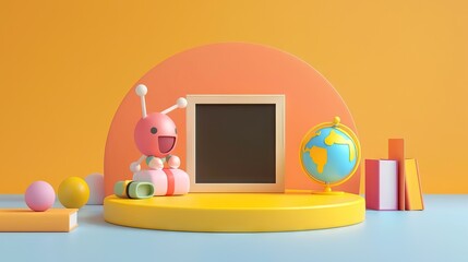 3D Rendering back to school interior study room for children cute icon cartoon style. 3D Render illustration. AI generated illustration