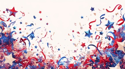 Obraz premium Red, White, and Blue Stars Falling on Light Gray and White Background with 4th of July Theme