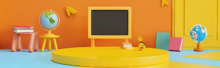 3D Rendering back to school interior study room for children cute icon cartoon style. 3D Render illustration. AI generated illustration