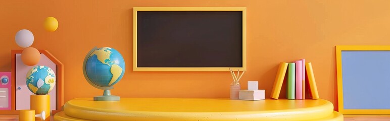 3D Rendering back to school interior study room for children cute icon cartoon style. 3D Render illustration. AI generated illustration