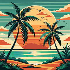 Fototapeta premium Sunset time on sea beach and palm tree illustration design