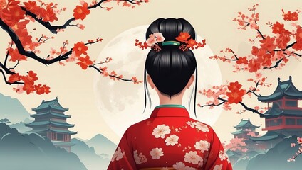 Fototapeta premium Beautiful mountain landscape, Snowy landscape, Chinese Vernal Equinox Day, Waterfall, isolated illustratio, Generative Ai