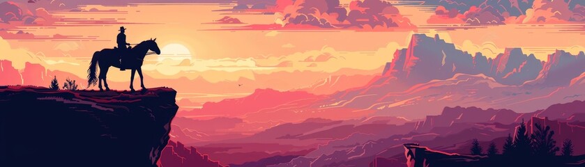 Silhouette of a cowboy on horseback overlooking a stunning sunset vista with mountains in the background, capturing the wild west spirit.