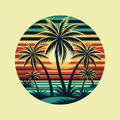 illustration of palm trees and sea beach retro color