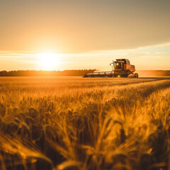 Fototapeta premium combine harvester at sunset