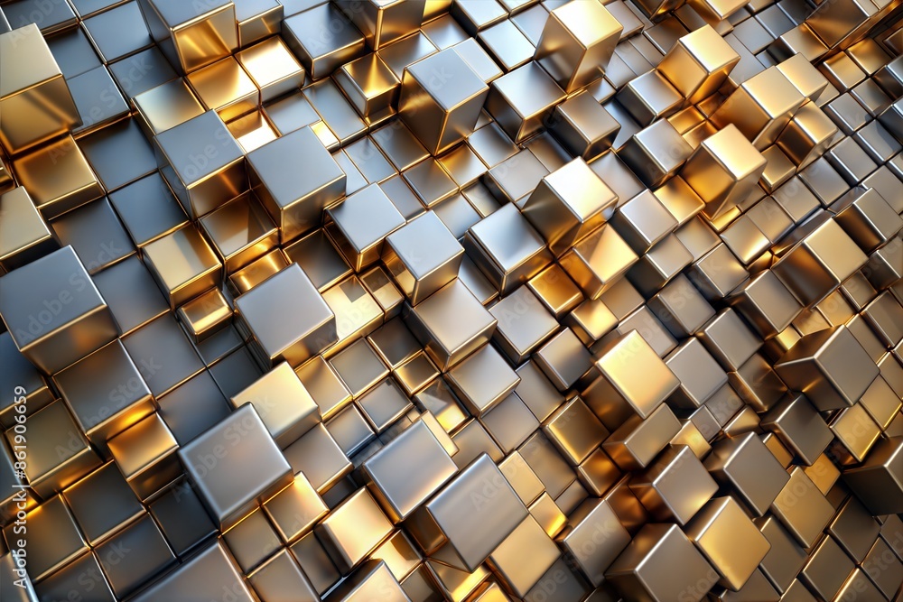 Poster an abstract arrangement of metallic cubes in gold and silver tones. the geometric shapes and reflect